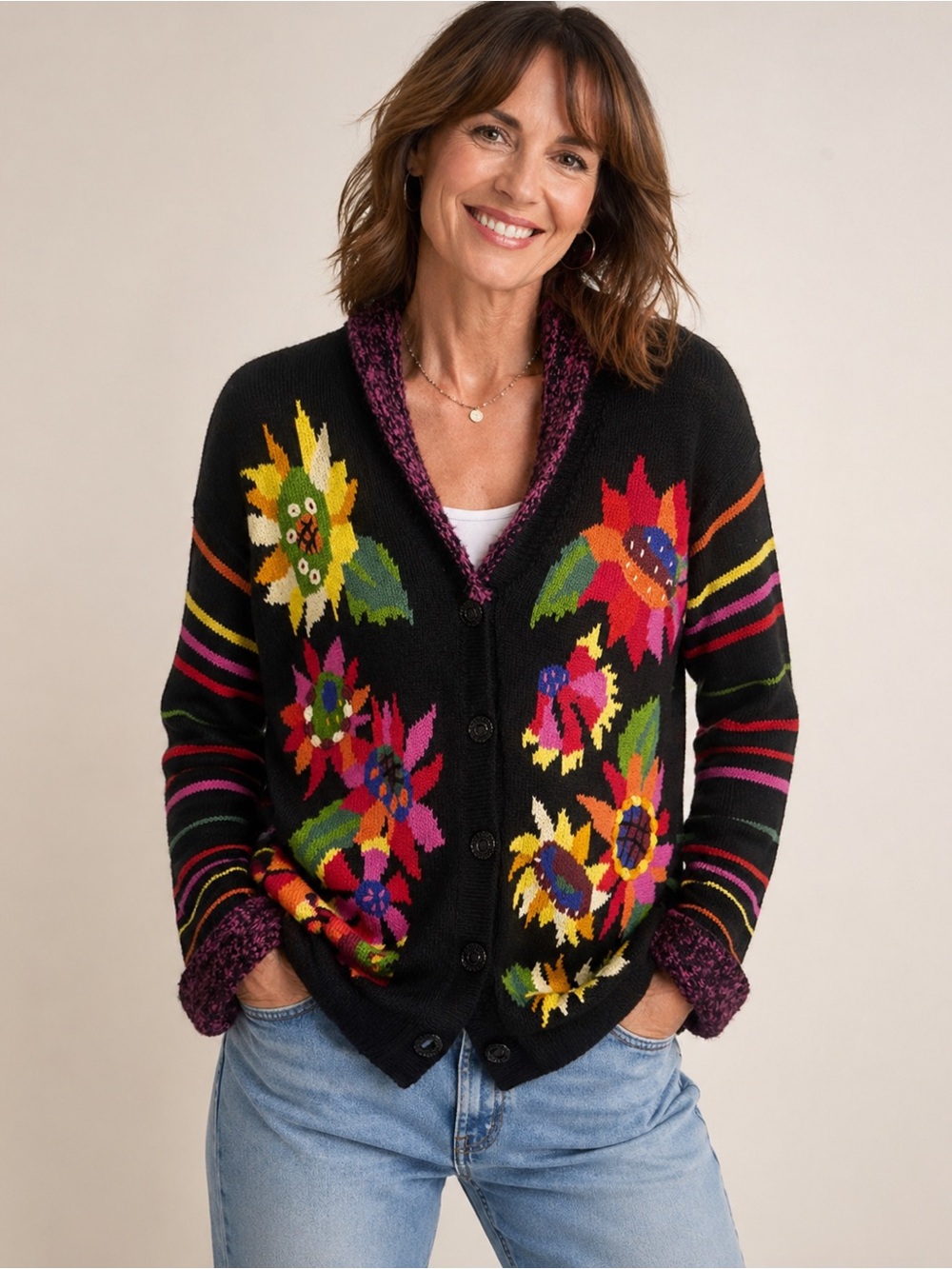 Vintage Storybook Knits Floral Cardigan Wearable Art Cottagecore Novelty